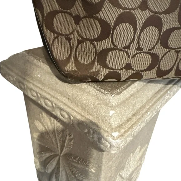 COACH Signature Tote Bag Shoulder Canvas Khaki Beige Dark Brown - Picture 4 of 7